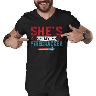 Shes My Firecracker His And Hers 4Th July Matching Couples Men V-Neck Tshirt - Seseable