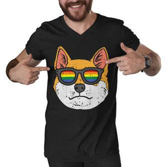 Shiba Inu Akita Dog Lgbtq Rainbow Flag Gay Pride Ally Lover T-Shirt Men V-Neck Tshirt - Seseable
