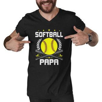 Softball Papa Baseball Lover Dad Men V-Neck Tshirt | Mazezy