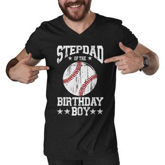 Stepdad Of The Birthday Boy Baseball Lover Vintage Retro Men V-Neck Tshirt - Seseable