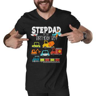 Stepdad Of The Birthday Boy Family Matching Train Fire Truck Men V-Neck Tshirt - Seseable