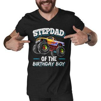 Stepdad Of The Birthday Boy Matching Family Monster Truck Men V-Neck Tshirt - Seseable