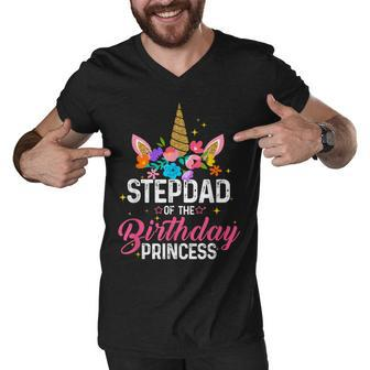Stepdad Of The Birthday Princess Funny Unicorn Birthday Men V-Neck Tshirt - Seseable