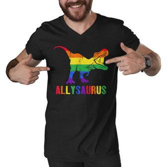 T Rex Dinosaur Lgbt Gay Pride Flag Allysaurus Ally Men V-Neck Tshirt | Mazezy