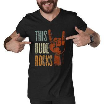 This Dude Rocks Rock N Roll Heavy Metal Devil Horns Men V-Neck Tshirt | Mazezy