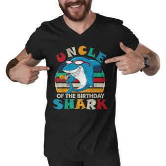 Uncle Of The Birthday Shark Funny Retro Uncle Shark Men V-Neck Tshirt - Seseable