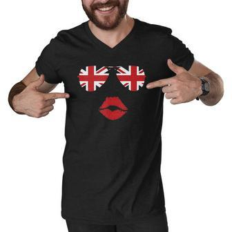 United Kingdom Flag Lips Sunglasses Union Jack Gift Men V-Neck Tshirt | Mazezy