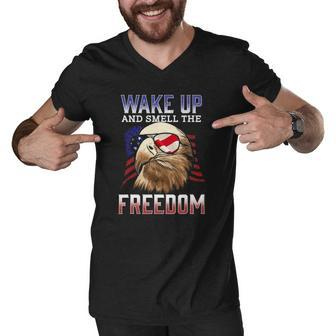 Wake Up And Smell The Freedom Murica American Flag Eagle Men V-Neck Tshirt | Mazezy