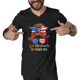 We People Are Pissed Off Patriotic Messy Bun Hair Usa Flag Men V-Neck Tshirt | Mazezy