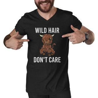 Wild Hair Dont Care Funny Highland Cow Heifer Cattle Men V-Neck Tshirt | Mazezy
