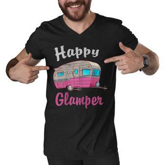 Womens Happy Glamper Camping Lover Girl Camper Camp Vacation Shirt T Shirt Men V-Neck Tshirt - Monsterry AU