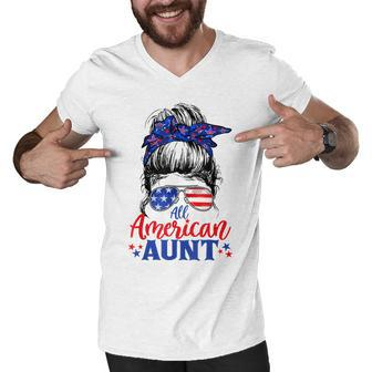 4Th Of July All American Aunt Messy Bun Patriotic Usa Flag Men V-Neck Tshirt - Seseable