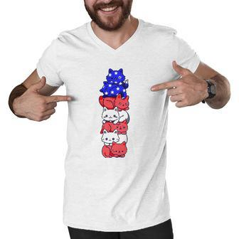 4Th Of July Cat Patriotic American Flag Cute Cats Pile Stack Men V-Neck Tshirt | Mazezy