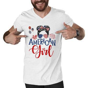 All American Girl 4Th Of July Messy Bun Sunglasses Usa Flag Men V-Neck Tshirt | Mazezy