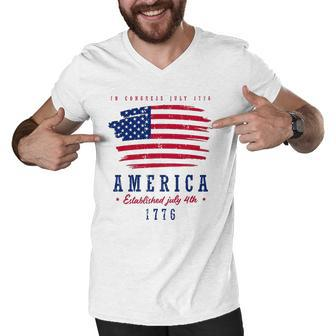 America Established In 1776 4Th July Proud Patriot Us Flag Men V-Neck Tshirt | Mazezy