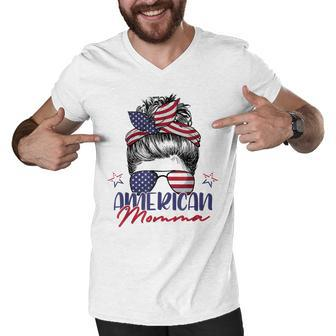 American Momma Patriotic Mom Messy Bun July 4Th Independence Men V-Neck Tshirt - Seseable