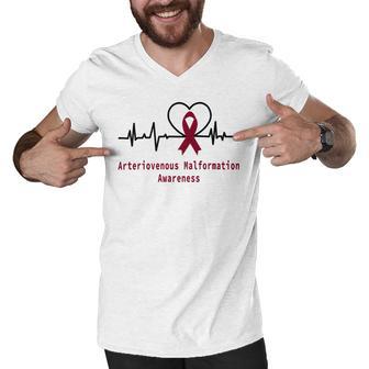 Arteriovenous Malformation Awareness Heartbeat Burgundy Ribbon Arteriovenous Malformation Support Arteriovenous Malformation Awareness Men V-Neck Tshirt - Monsterry AU