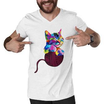 Cute Cat Gift For Kitten Lovers Colorful Art Kitty Adoption Men V-Neck Tshirt | Favorety