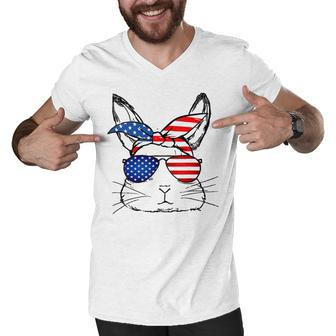 Cute Leopard Bunny Rabbit Us America Flag Glasses 4Th Day T-Shirt Men V-Neck Tshirt - Seseable