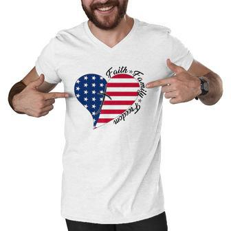 Faith Family Freedom American Flag Heart 4Th Of July Men V-Neck Tshirt | Mazezy