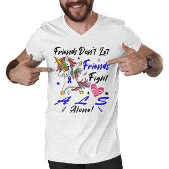 Friends Dont Let Friends Fight Als Alone Unicorn Blue Ribbon Amyotrophic Lateral Sclerosis Support Als Awareness Men V-Neck Tshirt | Favorety AU