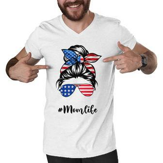 Funny Mom Life Messy Bun America Flag Mors Day 4Th Of July T-Shirt Men V-Neck Tshirt - Seseable