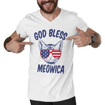 God Bless Meowica Funny Fourth Of July Cat V2 Men V-Neck Tshirt - Seseable