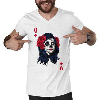 Halloween Sugar Skull With Red Floral Halloween Gift By Mesa Cute Men V-Neck Tshirt - Monsterry UK