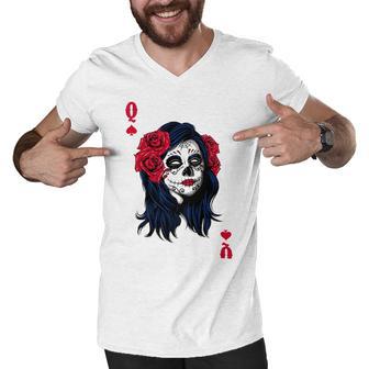 Halloween Sugar Skull With Red Floral Halloween Gift By Mesa Cute Men V-Neck Tshirt | Favorety DE