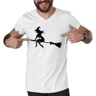 Halloween Young Scary Witch On Broom Pattern Men V-Neck Tshirt | Favorety AU