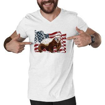 Honey Badger American Flag 4Th July Animals Men Women Kids Men V-Neck Tshirt | Mazezy
