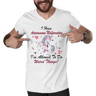 I Have Arteriovenous Malformation Im Allowed To Do Weird Things Funny Unicorn Burgundy Ribbon Arteriovenous Malformation Support Arteriovenous Malformation Awareness Men V-Neck Tshirt | Favorety UK