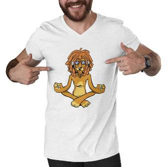 Lion Doing Meditation - Funny Yoga Men V-Neck Tshirt | Mazezy
