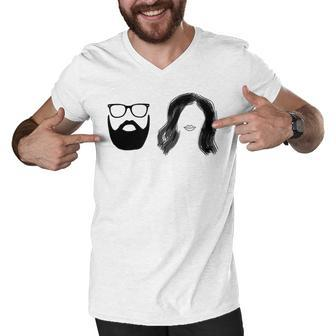 Man With Beard And Glasses With Woman Wavy Hair Men V-Neck Tshirt - Monsterry