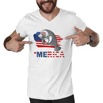 Manatee American Flag Sunglasses 4Th Of Julygifts Men V-Neck Tshirt | Mazezy