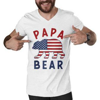 Mens American Flag Papa Bear 4Th Of July Usa Patriotic Dad Men V-Neck Tshirt - Seseable