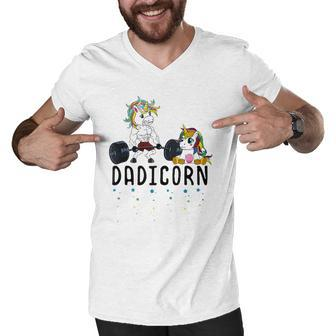 Mens White Dadicorn Unicorn Dad Fitness Gym Weightlifting Men V-Neck Tshirt | Mazezy