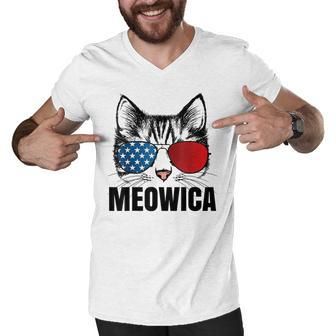 Meowica Americat 4Th Of July Usa Flag Sunglass Funny Cat Men V-Neck Tshirt - Seseable