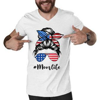 Mom Life Messy Bun America Flag Mothers Day 4Th Of July T-Shirt Men V-Neck Tshirt - Seseable