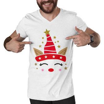 New Christmas Unicorn Face Santicorn Cute Men V-Neck Tshirt | Favorety AU