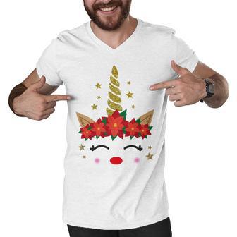 New Christmas Unicorn Face Santicorn Poinsettia Crown Cute Men V-Neck Tshirt | Favorety UK