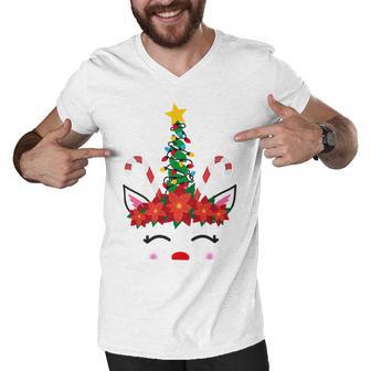 New Christmas Unicorn Face Santicorn Poinsettia Crown Cute V2 Men V-Neck Tshirt | Favorety UK