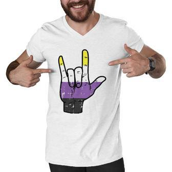 Nonbinary I Love You Hand Sign Language Enby Nb Pride Flag Men V-Neck Tshirt | Mazezy