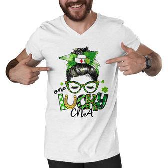 One Lucky Cna Messy Bun Shamrocks St Patricks Day Men V-Neck Tshirt | Favorety