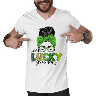 One Lucky Grammy Life Messy Bun St Patricks Day Irish Men V-Neck Tshirt | Favorety