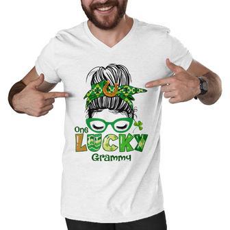 One Lucky Grammy Messy Bun Leopard St Patricks Day Men V-Neck Tshirt | Favorety DE