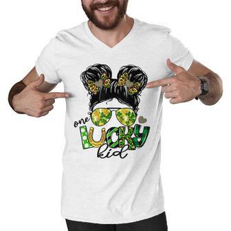 One Lucky Kid Messy Bun Shamrock St Patricks Day Men V-Neck Tshirt | Favorety CA