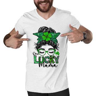 One Lucky Mama Messy Bun Shamrock St Patricks Day Men V-Neck Tshirt | Favorety