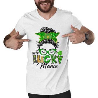 One Lucky Mama St Patricks Day Irish Shamrock Messy Bun Mom Men V-Neck Tshirt | Favorety UK