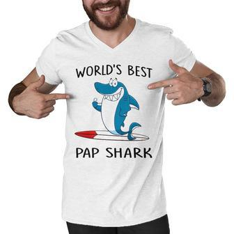 Pap Grandpa Gift Worlds Best Pap Shark Men V-Neck Tshirt - Seseable